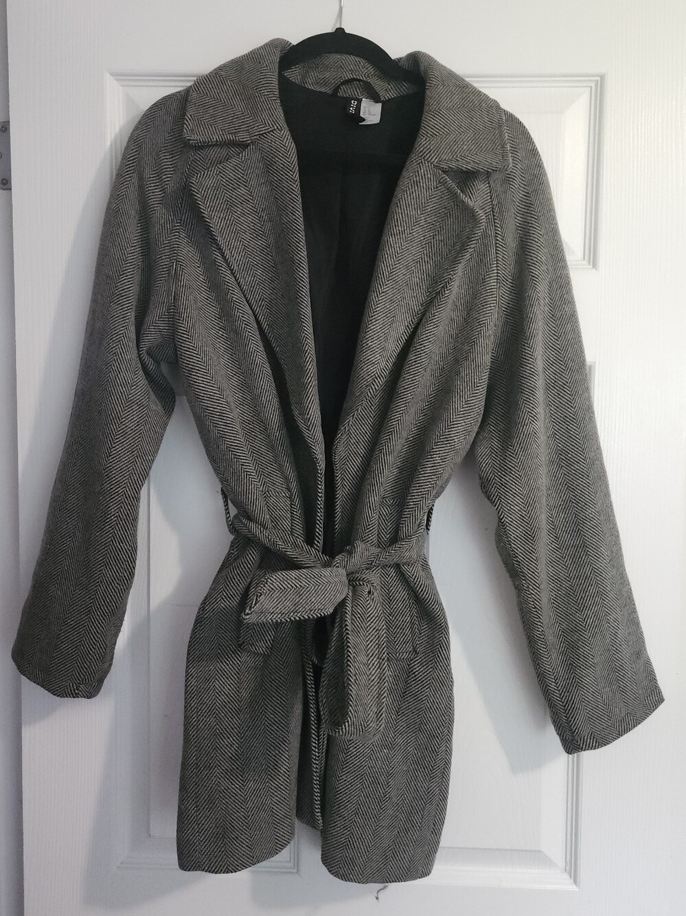 H&M Women’s Herringbone Tie-Belt Felted Coat - Dark Gray Herringbone